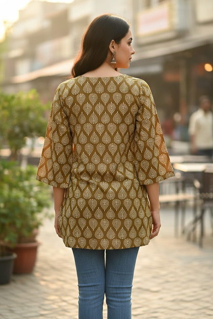 Naanu mustard olive gold white Bagh paisley block print cotton kurti with 3/4 bell sleeves and scoop neck.