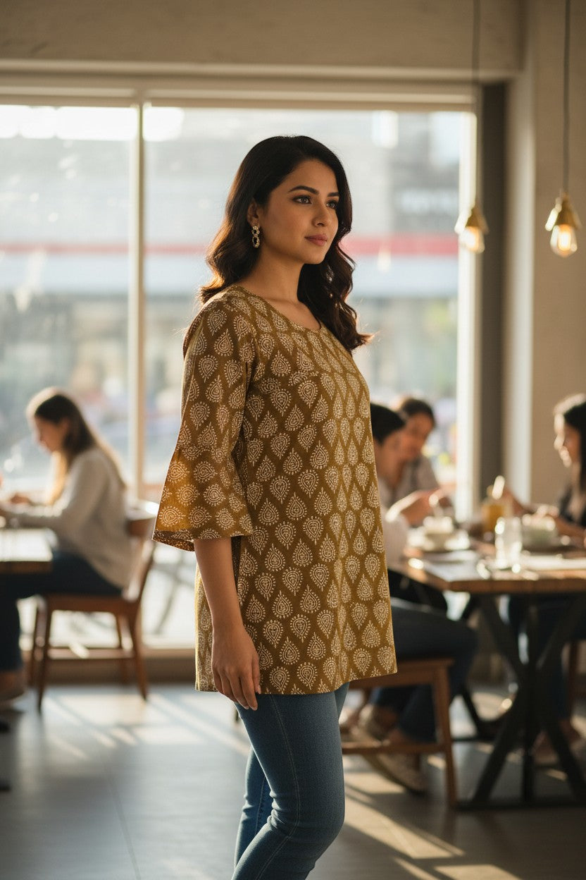 Naanu mustard olive gold white Bagh paisley block print cotton kurti with 3/4 bell sleeves and round neck.