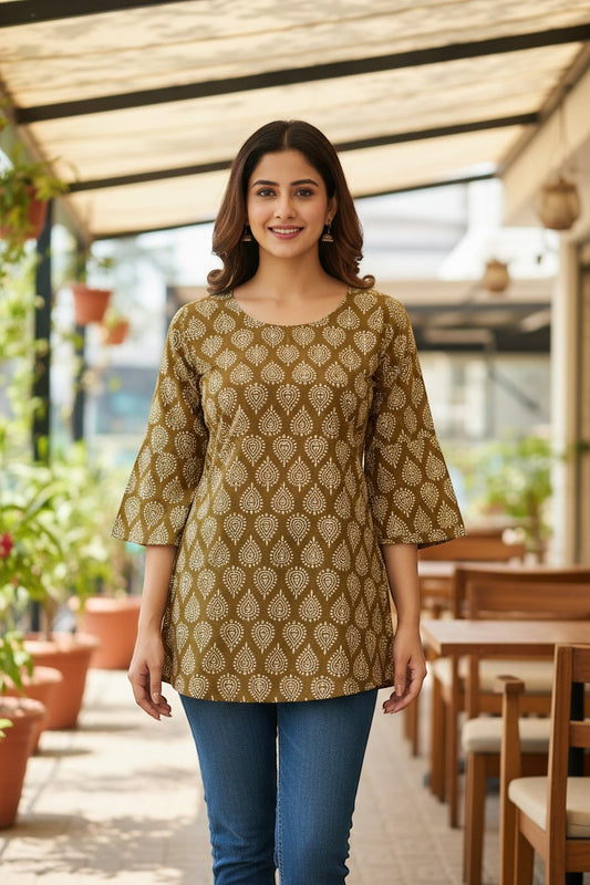Naanu mustard olive gold white Bagh paisley block print cotton kurti with 3/4 bell sleeves and scoop neck.