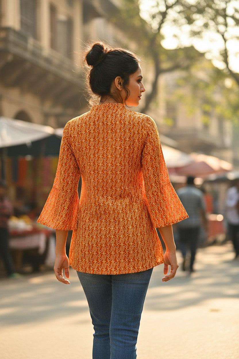 Naanu mustard orange cotton kurti with Bandhani diamond dot print, V-neck, mandarin collar, and 3/4 bell sleeves.
