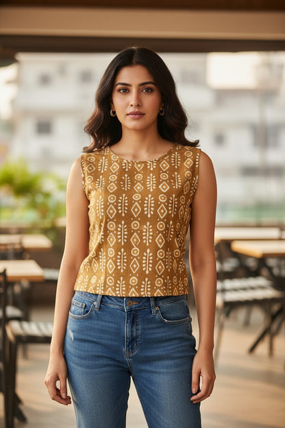 Naanu mustard amber gold cotton sleeveless top with white Warli tribal block print, round neck, and cap shoulders.