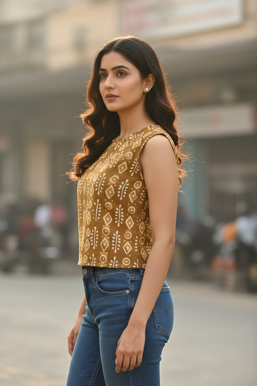 Naanu mustard amber gold cotton sleeveless top with white Warli tribal block print, round neck, and cap shoulders.