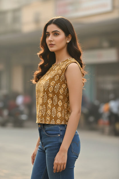 Naanu mustard amber gold cotton sleeveless top with white Warli tribal block print, round neck, and cap shoulders.