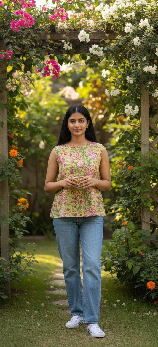Naanu mustard yellow cotton top with Mughal floral print, round neck, cap sleeves, and black hem band. Model wears jeans.