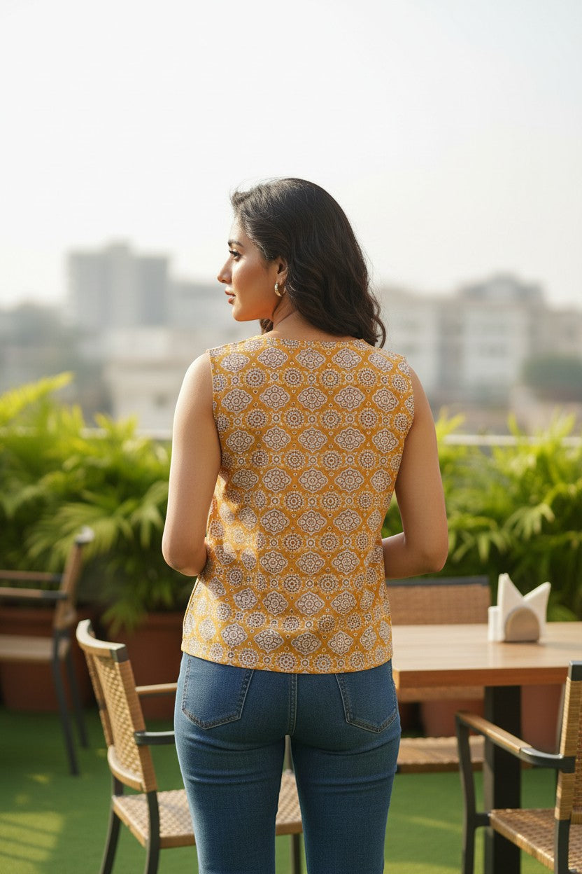 Naanu mustard yellow cotton sleeveless top with white geometric lattice floral block print. Round scoop neck.