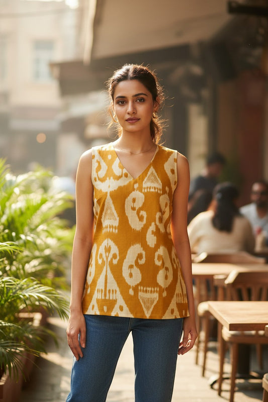 Naanu mustard yellow cotton sleeveless V-neck top with cream and white ikat print, side slits, and straight fit.