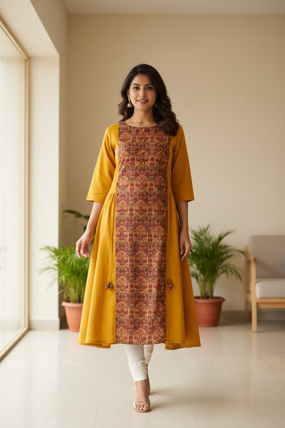 Naanu mustard yellow A-line kurta with burgundy floral center panel and 3/4 sleeves, worn by a woman with white leggings.