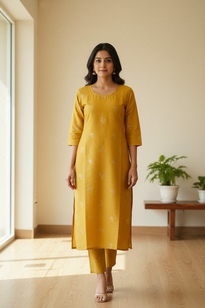 Naanu mustard yellow gold zari woven floral booti straight kurta with 3/4 sleeves and scoop neck.