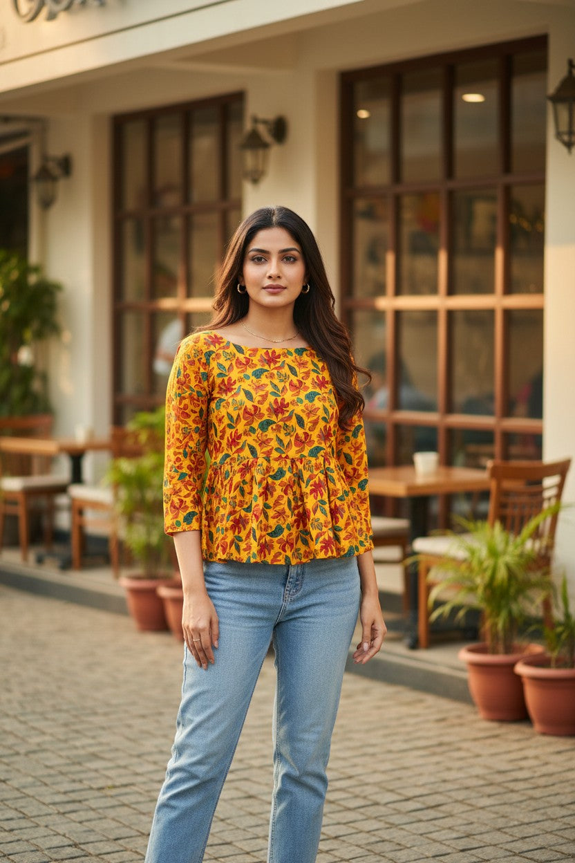 Naanu mustard yellow cotton peplum top with 3/4 sleeves and a bold tropical floral print of red-orange hibiscus and teal leaves.