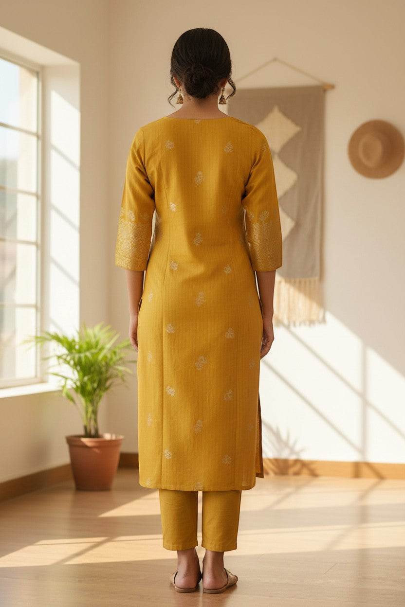Naanu mustard yellow gold zari woven floral booti straight kurta with 3/4 sleeves and scoop neck.