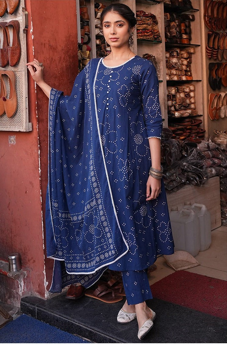 Naanu navy blue cotton-blend Anarkali kurta set with white bandhani print, lace trim, and pearl buttons.