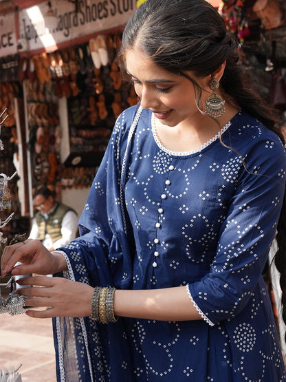 Naanu navy blue cotton-blend Anarkali kurta with white bandhani print, lace trim, and pearl buttons.