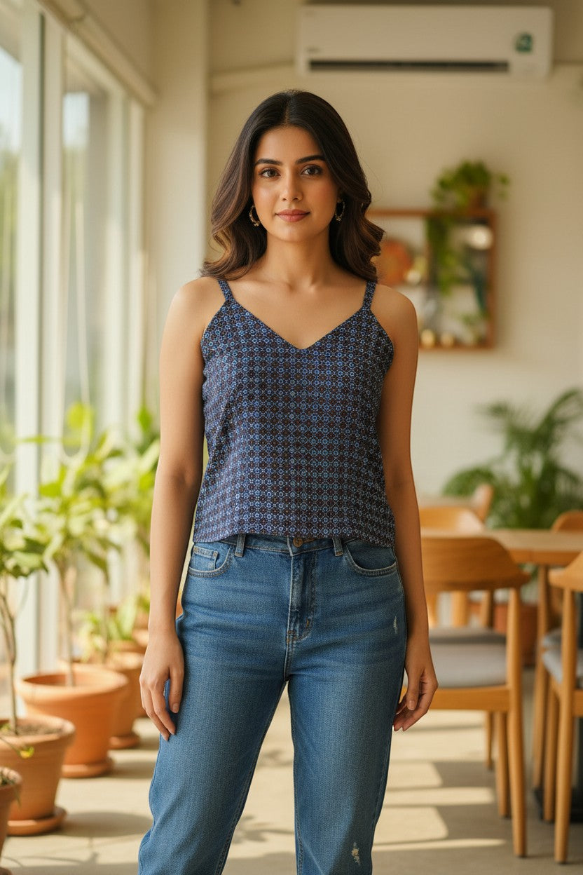 Naanu dark navy blue cotton cami top with geometric star flower print, V-neck, and spaghetti straps.