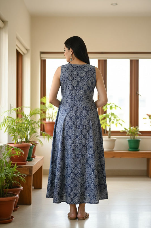 Naanu navy blue cotton Anarkali kurta with white ogee medallion block print, sleeveless, V-neck, and gold tassel tie.
