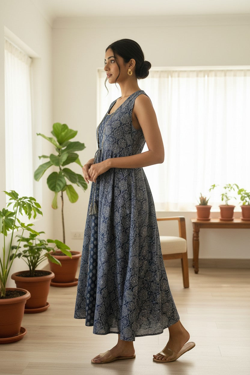 Naanu navy blue cotton Anarkali kurta with white ogee medallion print, sleeveless, V-neck, tassel tie, and gold pom-pom trim.