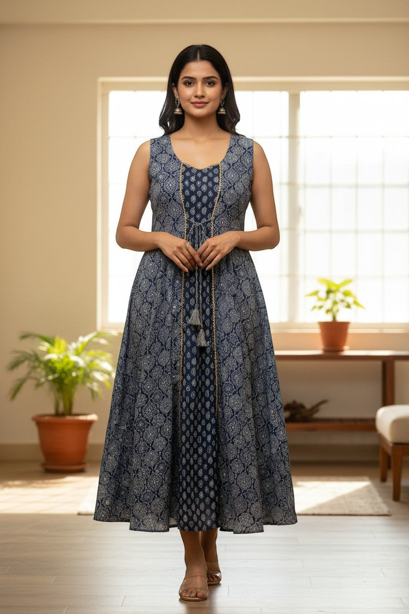 Naanu navy blue cotton Anarkali kurta with white ogee medallion print, gold trim, tassel tie, and sleeveless design.