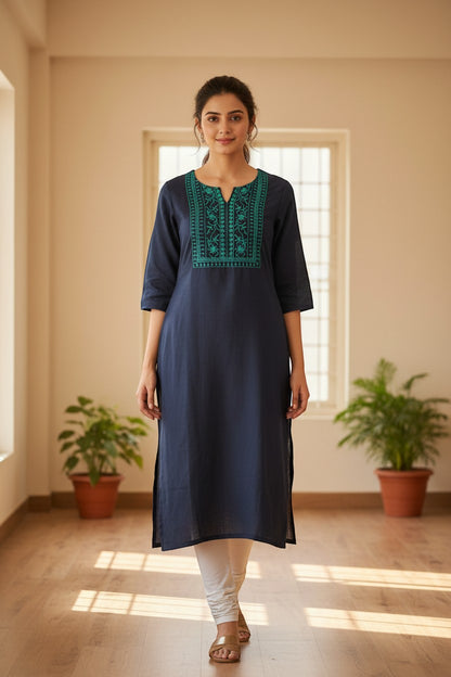 Naanu navy blue cotton kurta with turquoise and teal floral vine embroidery on the square yoke and half sleeves.