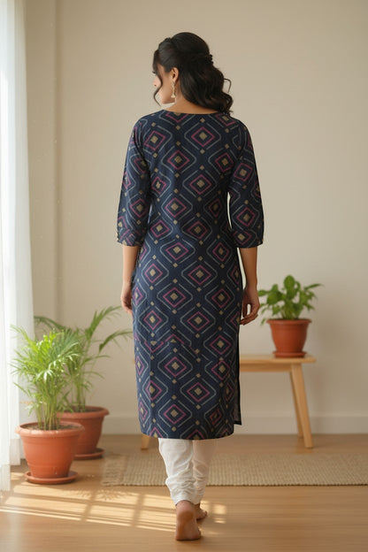 Naanu navy blue cotton kurta with magenta, gold, and light blue geometric diamond print. 3/4 sleeves, round neck, straight silhouette.