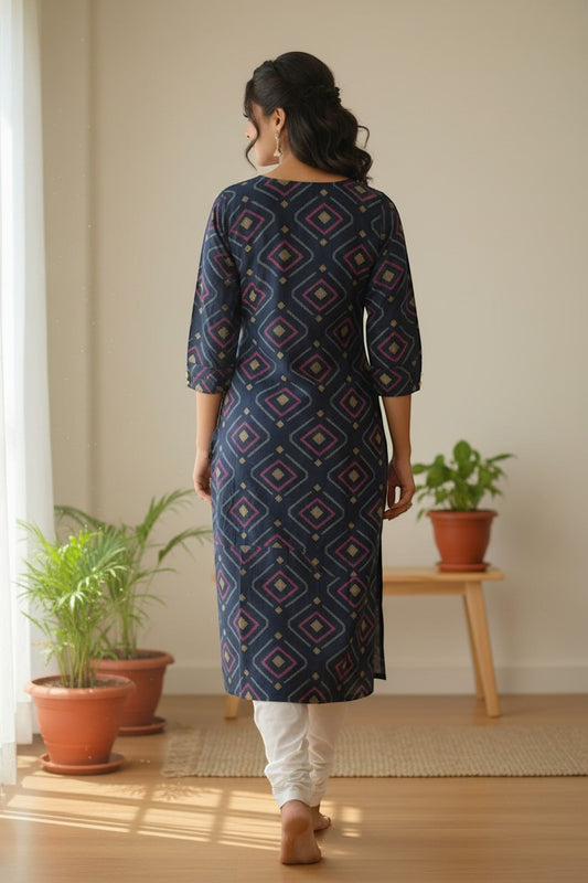 Naanu navy blue cotton kurta with magenta, gold, and light blue geometric diamond print. 3/4 sleeves, round neck, straight silhouette.