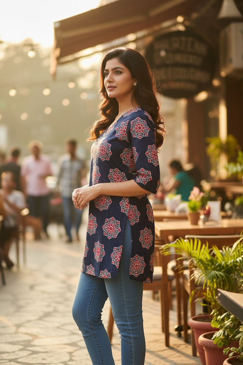 Naanu navy blue cotton kurti with geometric medallion print, V-neck, 3/4 sleeves, and straight silhouette.
