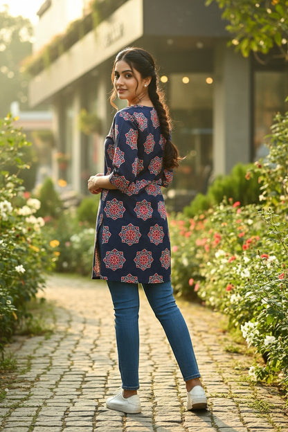 Naanu navy blue cotton kurti with geometric medallion print, V-neck, 3/4 sleeves, and straight silhouette.