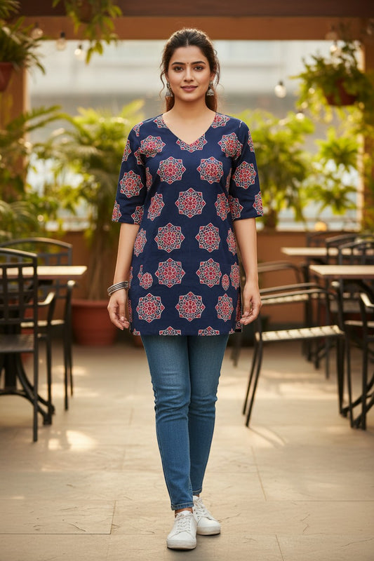 Naanu navy blue cotton kurti with V-neck and 3/4 sleeves, featuring a geometric medallion block print in red and pink.