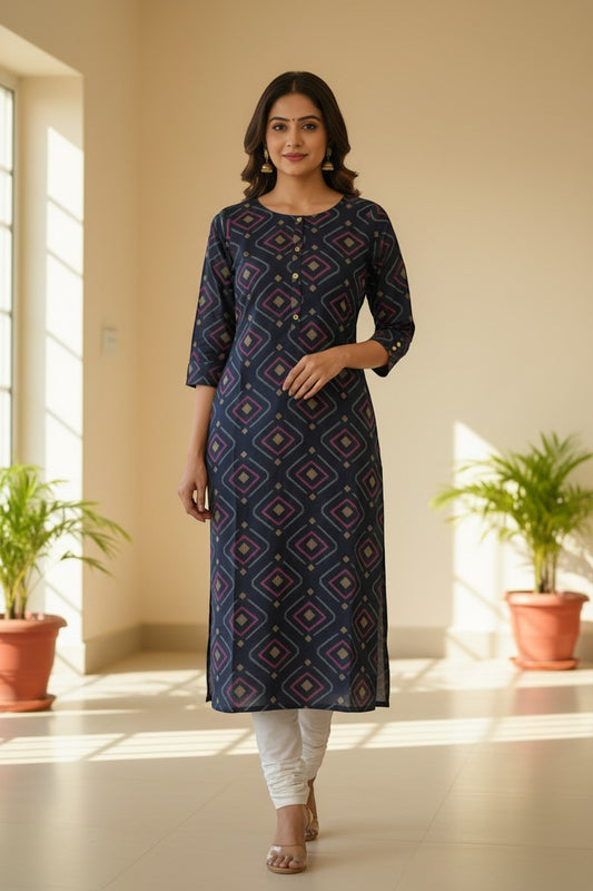 Naanu navy blue cotton kurta with magenta, gold, and light blue geometric diamond print, 3/4 sleeves, and button placket.