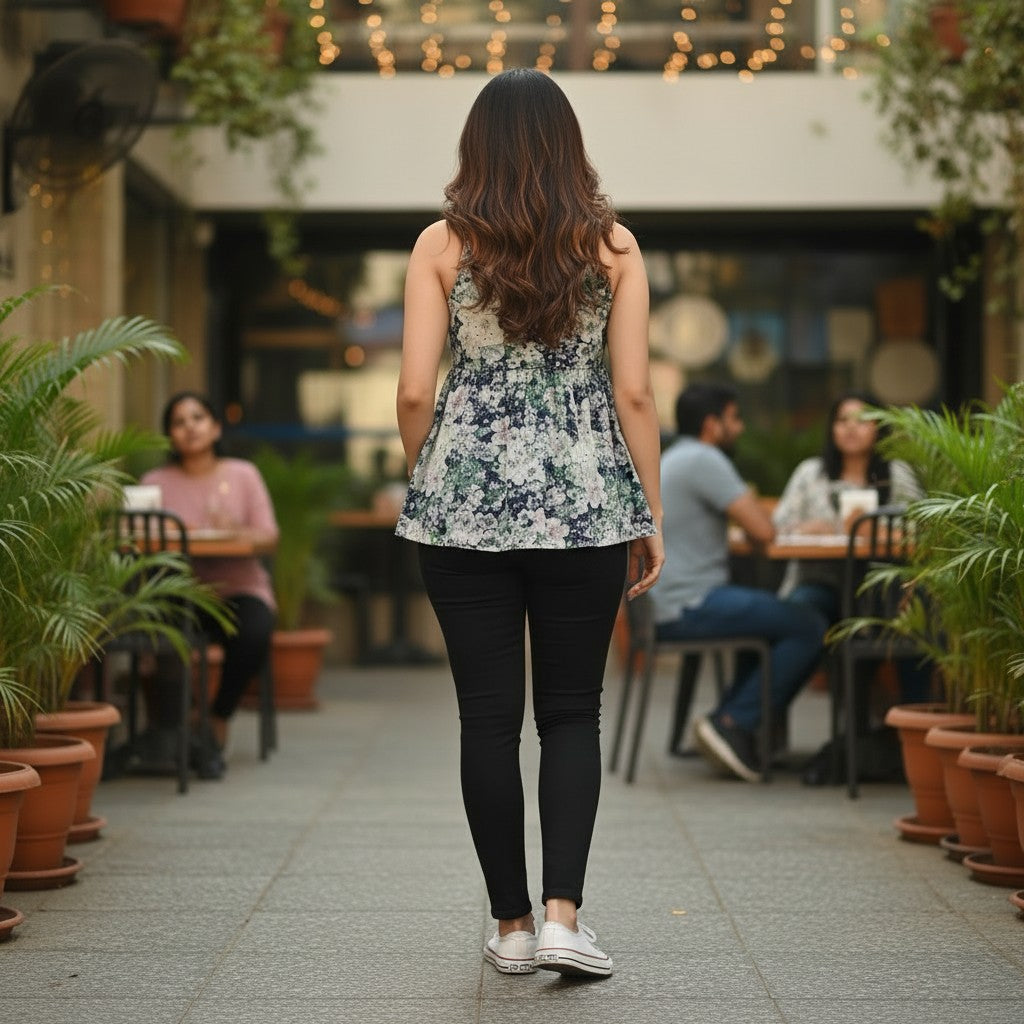 Naanu navy blue and white floral print babydoll top with spaghetti straps and empire waist, worn by a model with black jeans.
