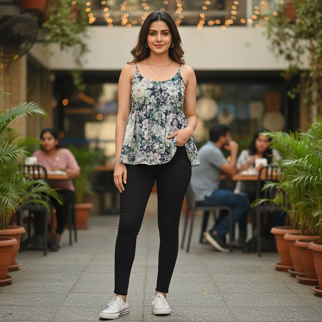 Naanu navy blue and white large floral print babydoll top with spaghetti straps and empire waist.