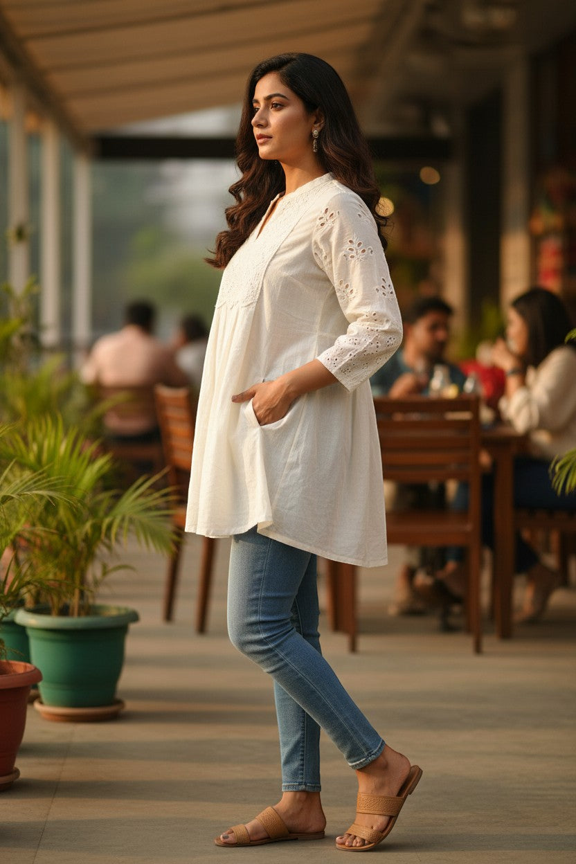 Naanu off-white cotton A-line kurti with chikankari embroidery and cutwork sleeves, worn by a woman with jeans.