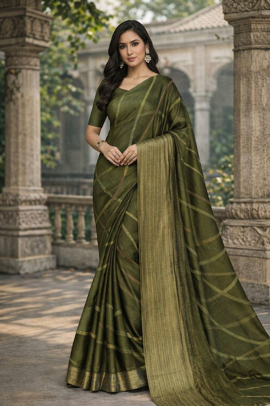 Naanu olive green georgette saree with abstract diagonal stripe pattern and gold zari border. Festive wear.