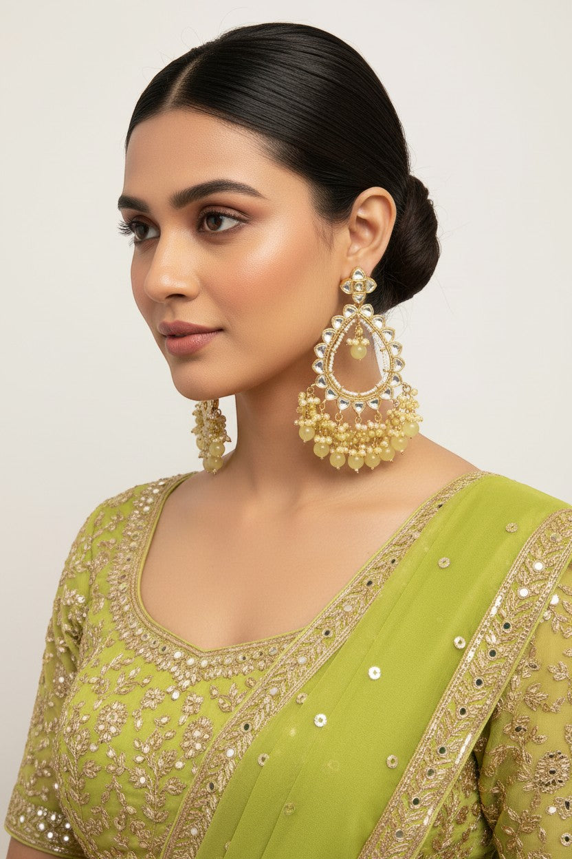 Naanu Olive Green Kundan Chandbali Earrings with jade bead drops, featuring a floral stud and teardrop frame adorned with Kundan stones.