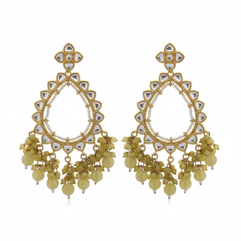 Naanu olive green kundan chandbali earrings with jade bead drops and pearl detailing. Traditional ethnic jewellery.