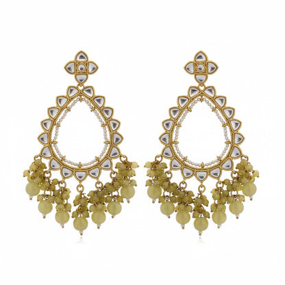 Naanu olive green kundan chandbali earrings with jade bead drops and pearl detailing. Traditional ethnic jewellery.