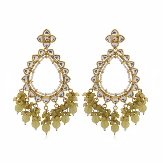 Naanu olive green kundan chandbali earrings with jade bead drops and pearl detailing. Traditional ethnic jewellery.