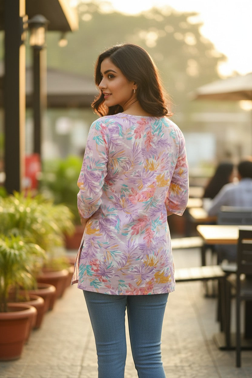 Naanu pastel multicolor tropical floral print 3/4 sleeve cotton kurti with notch V-neck and side slits.