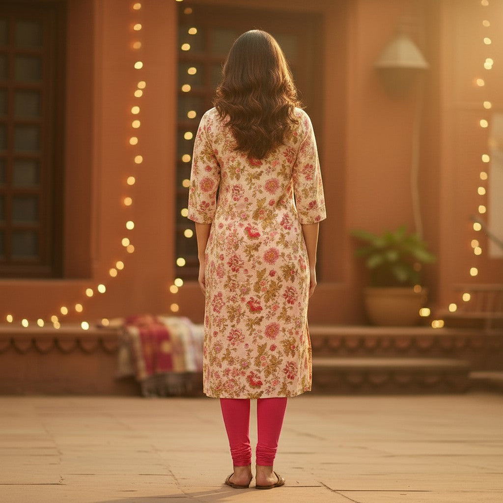 Naanu peach and cream floral print cotton kurta with bell sleeves and V-neck, paired with pink leggings.