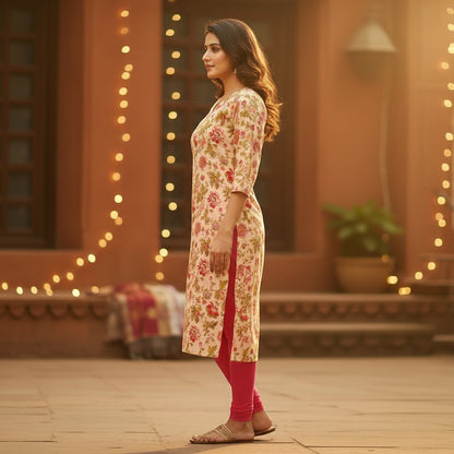 Naanu peach and cream floral print cotton kurta with V-neck and bell sleeves, paired with pink leggings.