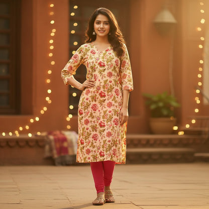 Naanu peach and cream cotton kurta with large red and pink rose floral print, V-neck, and bell sleeves.