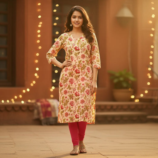 Naanu peach and cream cotton kurta with large red and pink rose floral print, V-neck, and bell sleeves.