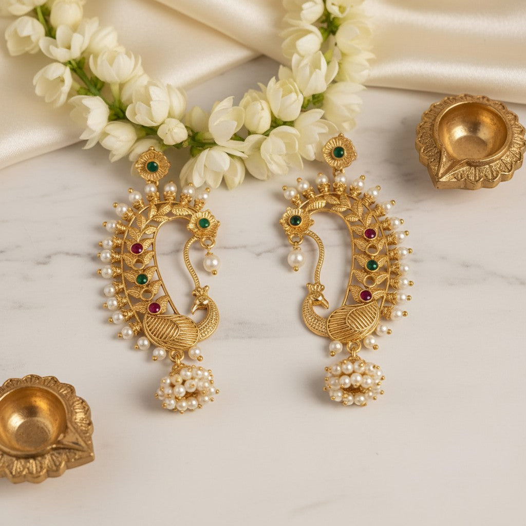Naanu gold peacock chand bali temple earrings with ruby, emerald, pearl jhumka drops and intricate filigree work.