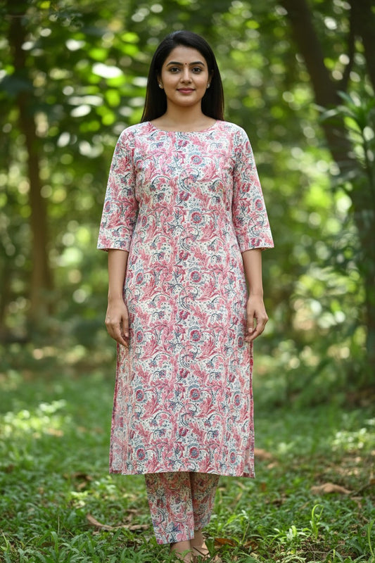 Naanu pink and white Kalamkari floral print cotton kurta with 3/4 sleeves and straight pants.
