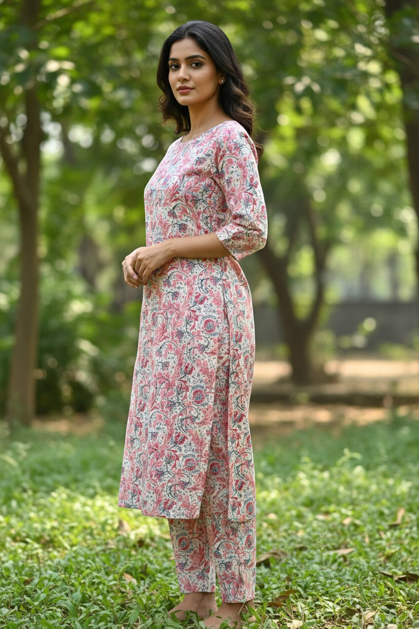 Naanu pink Kalamkari floral jaal print straight kurta with 3/4 sleeves and matching straight pants with elasticated waist.