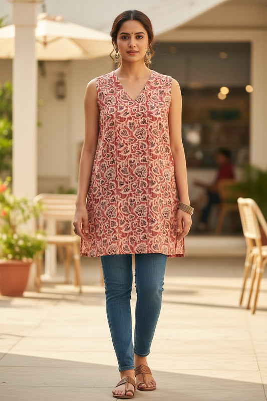 Naanu blush salmon pink cotton kurti with all-over peacock paisley block print, V-neck, and sleeveless design.