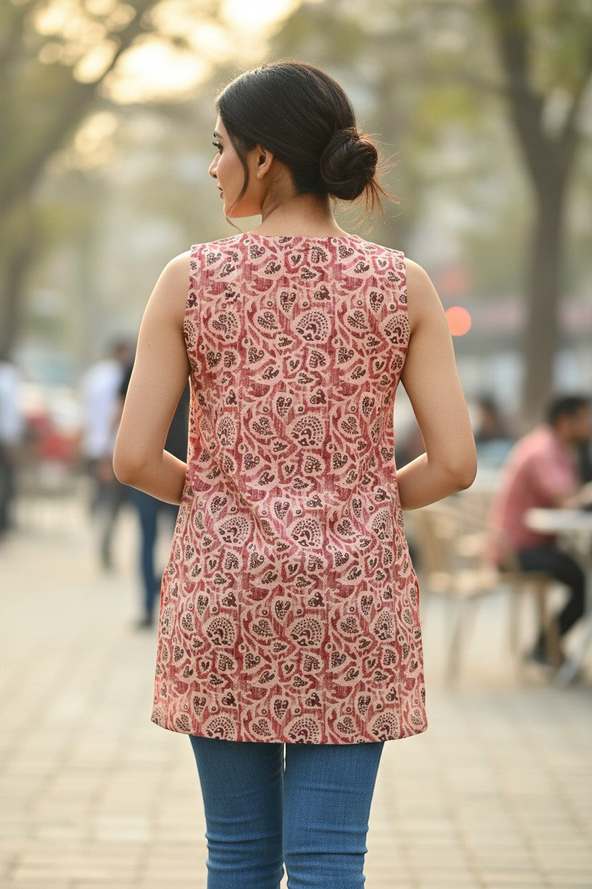 Naanu blush salmon pink cotton kurti with all-over maroon paisley and peacock Kalamkari block print, sleeveless, V-neck.