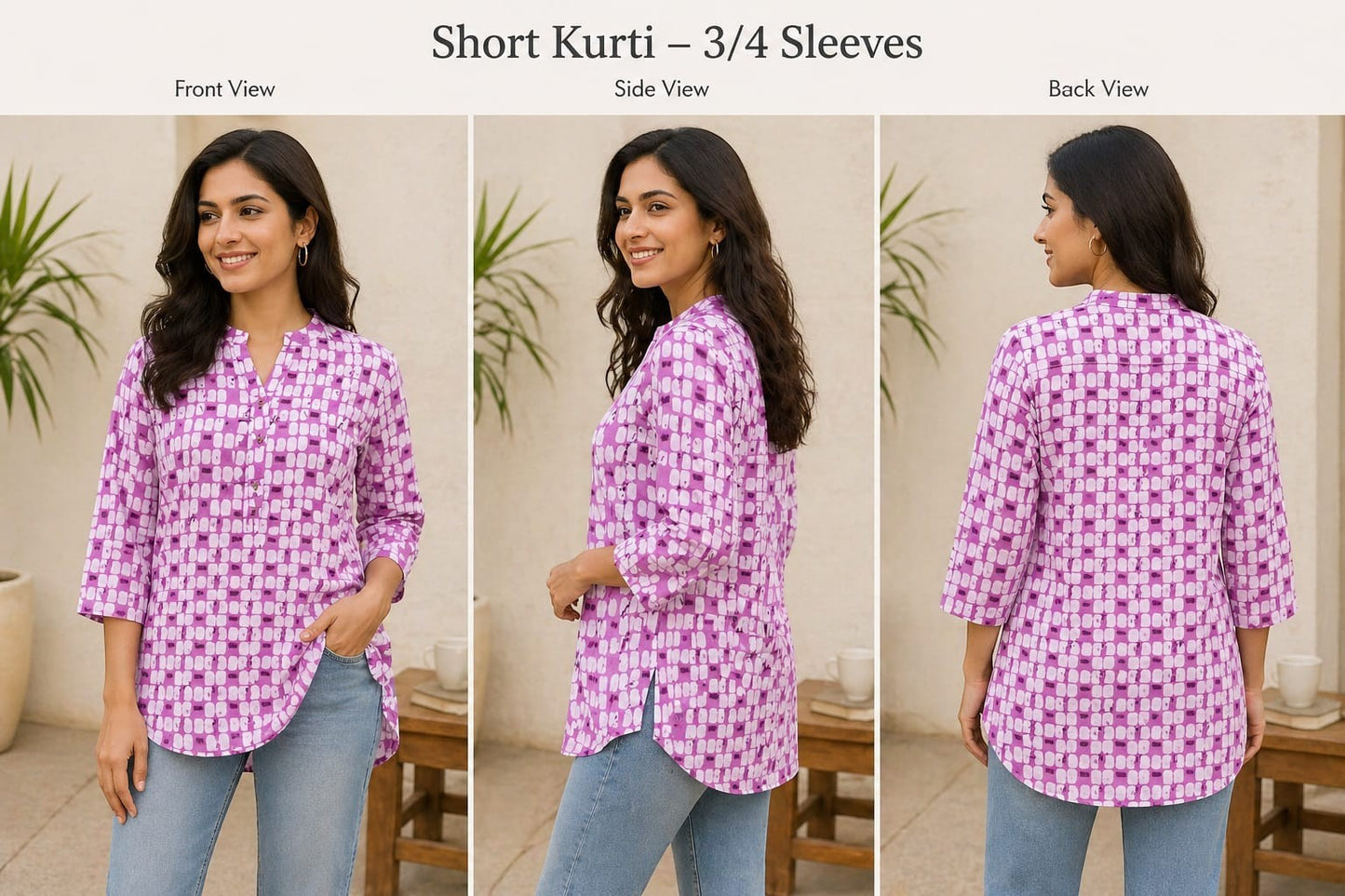 Naanu pink lavender geometric block print cotton kurti with V-neck, collar, and 3/4 sleeves.