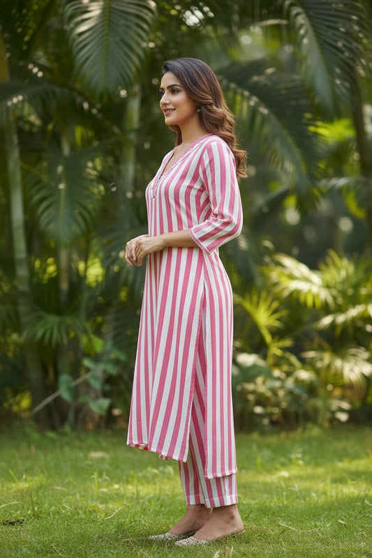 Naanu pink and white striped straight kurta with V-neck, lace trim, and 3/4 sleeves, paired with matching pants. Model outdoors.