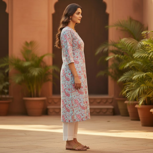Naanu powder blue and pink paisley floral block print cotton kurta with 3/4 sleeves and empire yoke.