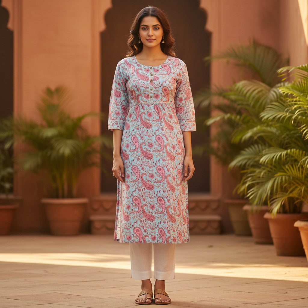 Naanu powder blue and pink paisley floral block print cotton kurta with 3/4 sleeves and square neckline.