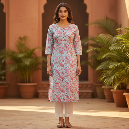 Naanu powder blue and pink paisley floral block print cotton kurta with 3/4 sleeves and square neckline.